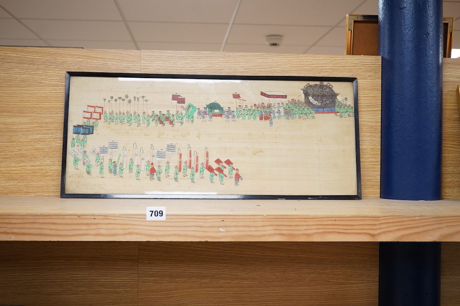 Chinese School, Figural processions, pair of watercolours on silk, 26 x 64cm